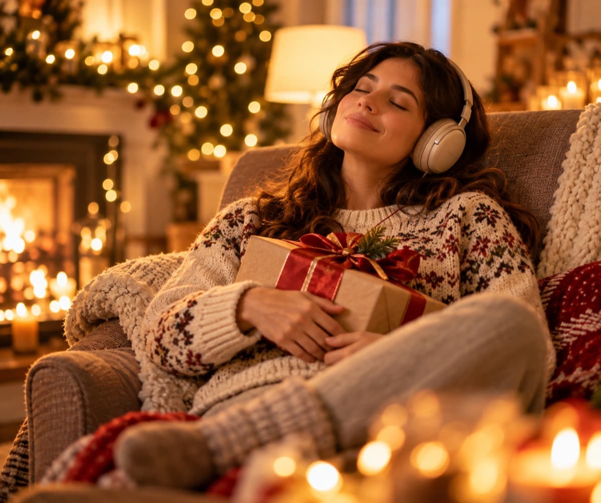 Woman relaxing with headphones and a wrapped gift, listening to an audiobook by the fireplace