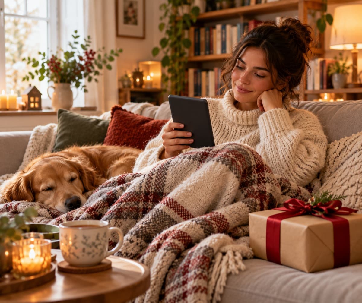 Woman reading on a Kindle tablet on a cosy sofa with a gift box and candles, perfect Kindle Unlimited gift idea